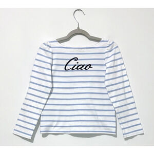 Janie and Jack Girls T Shirt 7 Cotton White Blue Striped Long Sleeve Embroider